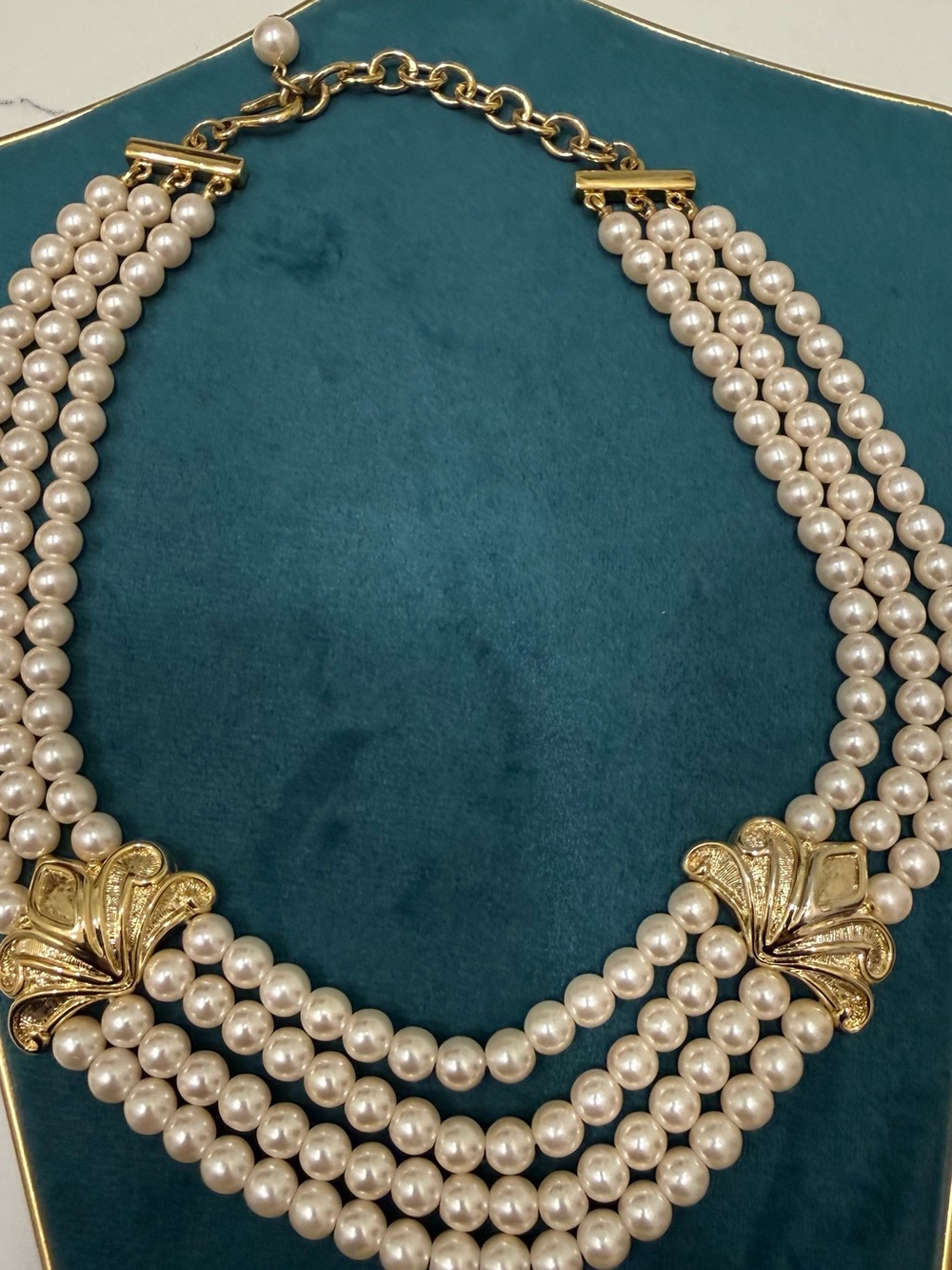 Classic Gold & White Faux Pearl Multi-Strand Statement Necklace